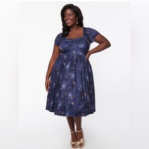 Unique Vintage Navy Blue and Yellow Celestial Star Galaxy Swing Dress